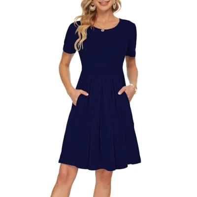 Image of AUSELILY Women&#039;s Dresses Short Sleeve Pleated Loose Swing Casual Dress with Pockets Knee Length Navy Blue 2XL
