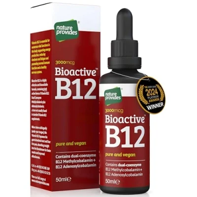 Image of Vitamin B12 Liquid Drops (3000 mcg) Made in UK by Nature Provides Methylcobalamin + Adenosylcobalamin (50ml), High Strength, Bioactive, Vegan, Energy &amp; Sleep Support, Sublingual, Like injections