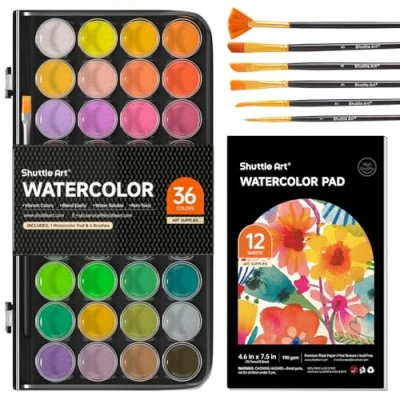 Image of Shuttle Art 43 Pack Watercolour Paint Set, 36 Colours Pan Set with 6 Brushes and 1 Pad for Beginners, Kids Painting, Calligraphy