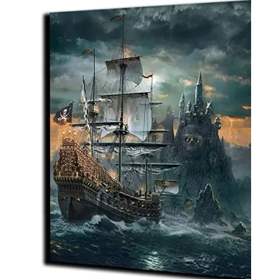 Image of Paint by Numbers DIY Canvas Oil Painting Kit for Adults with Brushes and Acrylic Pigment 16 x 20 inch Pirate Ship Frameless