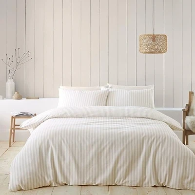 Image of Catherine Lansfield Brushed Cotton Stripe Reversible Double Duvet Cover Set with Pillowcases Natural