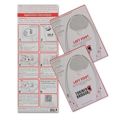 Image of Left Foot Only Big Toe Hole Preventer for Running Shoes and Fabric Footwear. White self Adhesive Patches with a Clever applicator. Strong unnoticeable When Fitted. Also Footwear Repair