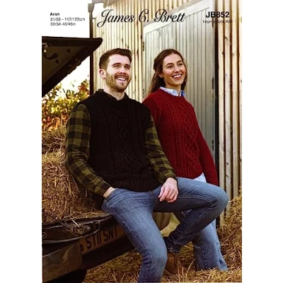 Image of James Brett Aran Knitting Pattern Cable Knit Ladies Sweater &amp; Mens Slipover (JB852)