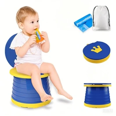 Image of Portable Potty Seat, Kids Folding Training Toilet Chair Travel Indoor Outdoor with Storage Bag (Blue)