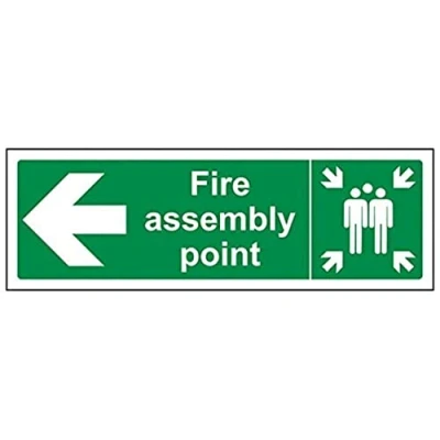 Image of V Safety 17021AX R Fire Assembly Point Arrow Left Sign Landscape 300mm x 100mm 1mm Rigid Plastic, Green