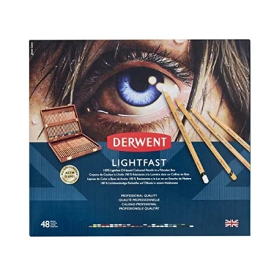 Image of Derwent Lightfast Colouring Pencils, Drawing &amp; Colouring, Set Of 48 In Wooden Gift Box, Ideal For Layering, Reduced Colour Fading, Professional Quality, 2305692, Blue