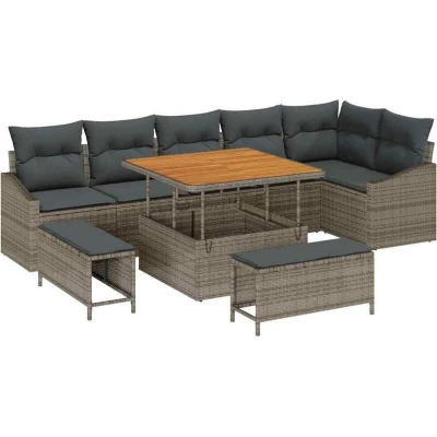 Image of vidaXL 9 Piece Garden Sofa Set with Cushions Grey Poly Rattan Acacia