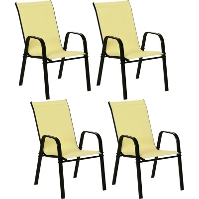 Image of Outsunny 4 Pieces Garden Chairs, Stackable Outdoor Chairs with High Backrest and Armrest, Breathable Mesh Fabric Dining Chair Set of 4, Beige