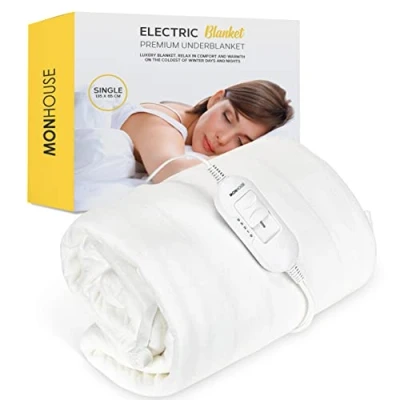 Image of MONHOUSE Premium Soft Fleece Electric Blanket Heated Under Mattress Cover Detachable Controller &amp; Machine Washable 3 Heat Settings Single 65x135cm White