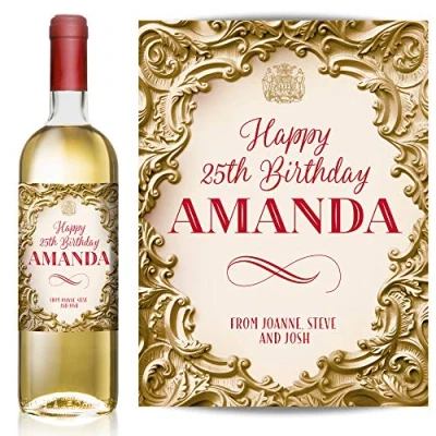 Image of TigerMill Publishing Personalised Gold Effect Wine Labels for Any Occasion or Event, Birthday, Wedding, Engagement, Anniversary, Hen Night, Christmas, Congratulations etc (Gold/Red Type)