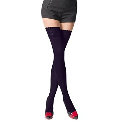 Image of Opaque 80 Denier Microfibre Hold Ups Stockings by Romartex, L, plum