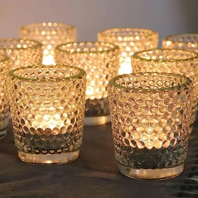 Image of Vohocandle Votive Candle Holders Set of 12, Clear Tealight Holder with Gold Rim for Diwali, Glass Tea Light Table Centerpiece, Wedding, Birthday and Home Décor