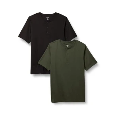 Image of Amazon Essentials Men&#039;s Regular Fit Short Sleeve Cotton Henley T Shirt, Pack of 2, Black/Dark Olive, XS