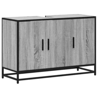 Image of vidaXL Bathroom Sink Cabinet Grey Sonoma Engineered Wood &amp; Metal Frame 90x33x60 cm Retro Elegant Vanity with Ample Storage