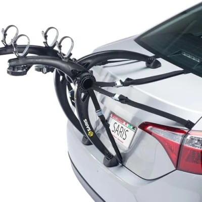 Image of Saris Bones Car Trunk Bicycle Rack Carrier, Mounts 2 Bikes, Black Durable, Rust Free, Anti Sway Straps, Fits Most Vehicles, Made in USA, Arc Based Design, 100% Recyclable Materials