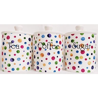 Image of Polka Dot Tea Coffee Sugar Canisters Fine Bone China Multicolour Painted Effect Storage Jars Hand Decorated in UK