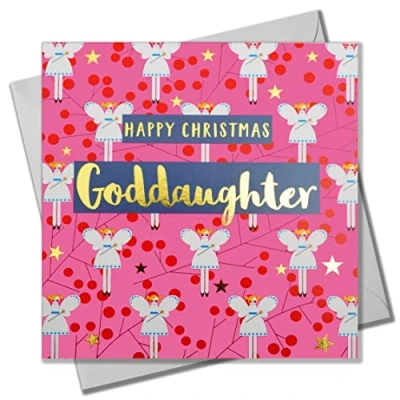 Image of Christmas Card, Goddaughter Fairies on Pink, text foiled in shiny gold