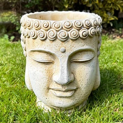 Image of Darthome Cement Buddha Head Planter 16x18x15cm White Garden Ornament Outdoor Zen Buddhist Plant Pot
