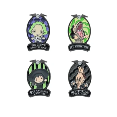 Image of Grupo Erik Set Of 4 Pins Beetlejuice, Lydia Deetz, Adam Maitland, Barbara Maitland Enamel Pins, Cute Pin Badges Beetlejuice Merchandise, Gifts