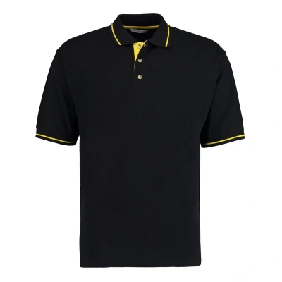 Image of Kustom Kit Mens Short Sleeve Polo Shirts, Black/Yellow, Small. KK606