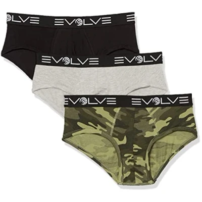 Image of Evolve Men&#039;s Cotton Stretch 3 Pack No Show Brief, Black/Heather Grey/Traditional Camo Army, M