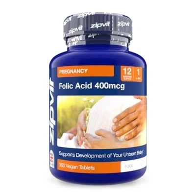 Image of Zipvit Folic Acid 400mcg, Pregnancy Vitamins for Women, 360 Vegan Tablets, Prenatal Maternal Tissue Growth &amp; Reduced Fatigue, Folate (Vitamin B9), 1 Year Supply.
