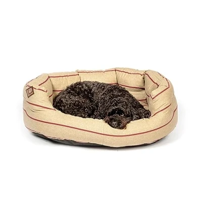 Image of Danish Design Heritage Herringbone Beige and Burgundy Stripes Soft Polyester Machine Washable Quilted Dog/Puppy Slumber Bed 35 Inch