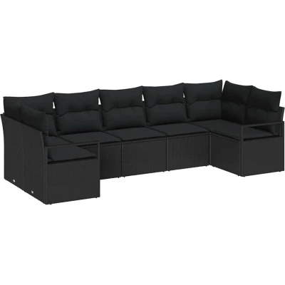 Image of vidaXL 7 Piece Garden Sofa Set with Cushions Black Poly Rattan