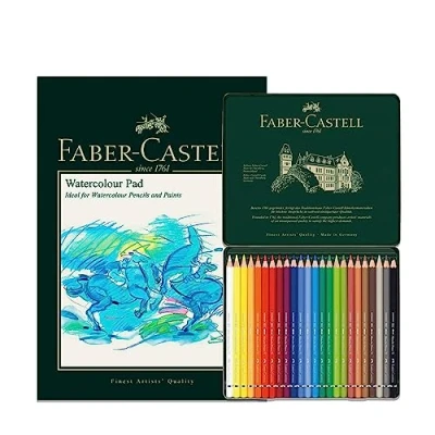 Image of Faber Castell A4 Watercolour Pad &amp; Tin Of 24 Albrecht Dürer Pencils Art Set For Adult Colouring Books, Craft Supplies, Drawing, Sketching, Lightfast Pencils, Schools, Home, College…