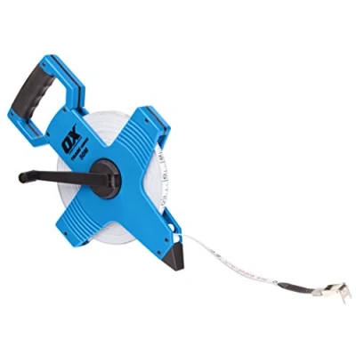 Image of OX T023505 Open Reel Fibreglass Measuring Tape Metric Measure Hi Impact Construction Blue/Black, 30 m/100 ft.