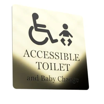 Image of Accessible Toilet and Baby Change Adhesive Sign Notice, Grey White/Black White, 1.6mm waterproof acrylic (Gold)