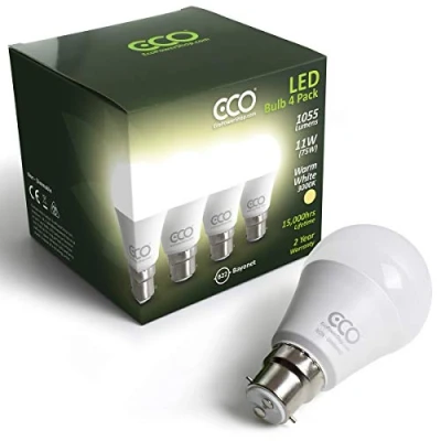 Image of ECO 2 pin B22 Bayonet Light Bulbs, Energy Saving 11W LED, 1055 Lumens, 75W Equivalent, Soft Warm White (3000K), Low Heat, 15,000Hrs Lifetime. (Warm 3000K, 4 x Bulb Multipack)