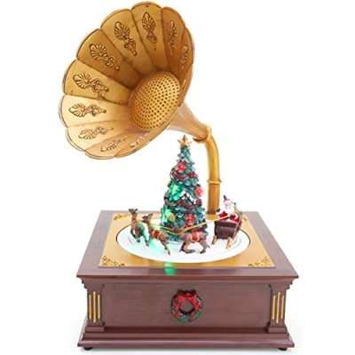 Image of Christmas Concepts® 37cm LED Vintage Gramophone Music Player with Rotating Santa Scene Plays 8 Melodies Battery Operated Village