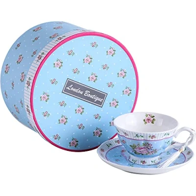 Image of London Boutique Cup and Saucer Set Afternoon Tea New Bone China Vintage Flora Rose Porcelain Gift Box (Rose Blue 1pc Set)