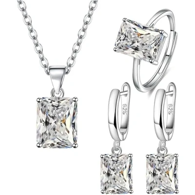 Image of FDEETY Jewelry Sets for Women Rhinestone Crystal Necklace Adjustable Ring Drop Dangle Earrings Set Gifts Bridesmaid Costume Dress Prom (White)