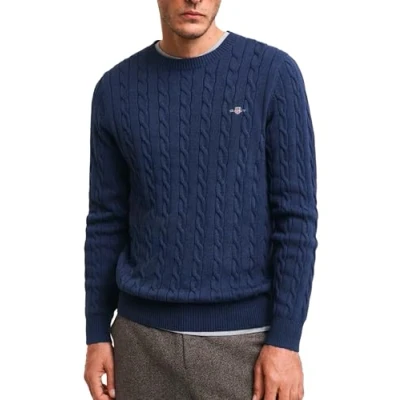 Image of GANT Men&#039;s Cotton Cable C Neck Pullover Sweater, Dark Denim Blue Melange, M