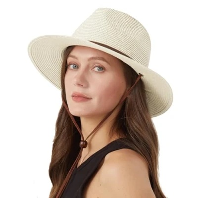 Image of Zylioo Straw Hats with Chin Strap for Small Heads Summer Fedora Beach Sun Hat Petite Wide Brim UV Holiday