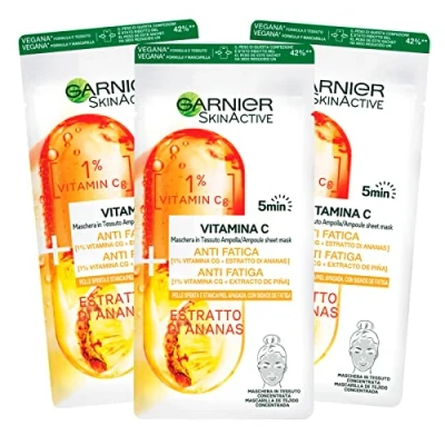 Image of 3x Garnier SkinActive Vitamin C Fabric Mask Concentrated Ampoule Anti Fatigue and Antioxidant Effect with Pineapple Extract 3 Disposable Masks