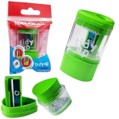 Image of Nataraj Combo Pencil Sharpener with Mess Free Canister and Eraser Tidy up 2 in 1 &amp; Set (Pack of Green Body)