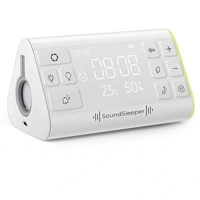 Image of SoundSleeper White Noise Machine and Relaxation Aid with Voiced Script, 33 Sounds, Digital Clock, Temperature &amp; Humidity Monitors, Nightlight. Portable, Rechargeable Sleep Aid.