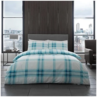 Image of GC GAVENO CAVAILIA Tartan Checked King Size Bedding Sets, Super Soft Reversible Polycotton Quilt Bed Set, Checkered Duvet Cover, Teal