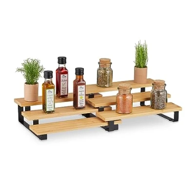 Image of Relaxdays Spice Rack, Pull Out Levels, 3 Tiers, Adjustable, Bamboo, HxWxD: 11.5 x 32 24.5 cm, Herb Storage, Natural