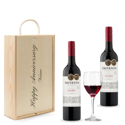 Image of Personalised Trivento Red Wine Gift Set (2 x 75cl) (Happy Anniversary, 750ml, Wine)