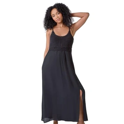 Image of Roman Womens Petite Crochet Bodice Cotton Maxi Dress Black Size 16 UK
