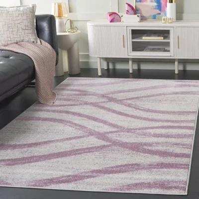 Image of SAFAVIEH Modern Wave Distressed Rug for Living Room, Dining Bedroom Adirondack Collection, Short Pile, in Cream and Purple, 155 X 229 cm
