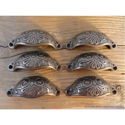 Image of 6 ANTIQUE STYLE DECORATIVE CABINET DRAWER HANDLE CAST IRON PULL DRESSER CH3