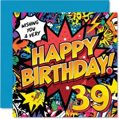 Image of 39th Birthday Cards for Men Women Comic Book Pow! Happy Card 39 Year Old Man Woman Brother Neighbour Cousin Daughter, 145mm Bday Greeting