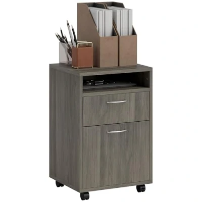Image of HOMCOM 60cm Filing Cabinet with Drawer, Open Shelf, Metal Handles and 4 Wheels, Office Home Organiser Mobile Printer, Grey