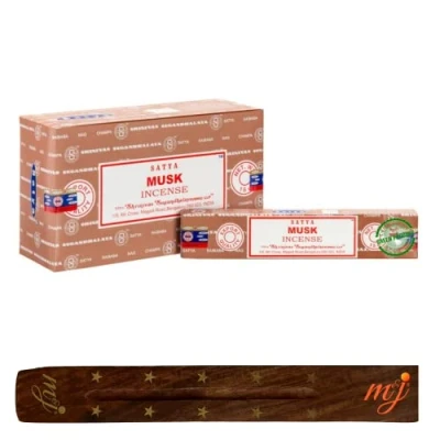 Image of Original Satya Nag Champa Musk incense sticks with M&amp;J holder Full Box for Aromatherapy, Spa, Yoga, Weddings, Meditation, Healing, Positivity and Relaxation