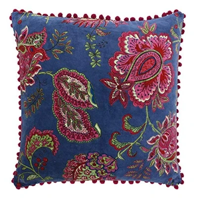 Image of Riva Paoletti Malisa Square Feather Filled Cushion Paisley Indian Print Faux Velvet Fabric Pink Pompom Edges Machine Washable 100 (20&quot; x 20&quot; inches), Cotton, Smoke Blue, 50 50cm